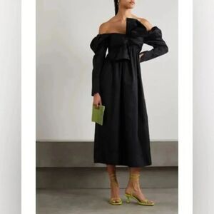NWT AJE Women Black Valentina Bow Off-Shoulder Long-Sleeve Midi Dress Size 6